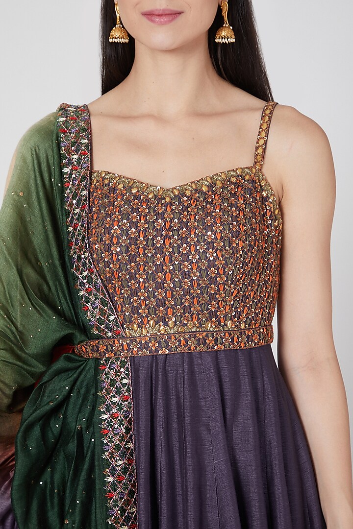 Purple Wedding Anarkali Set With Belt by Loka By Veerali Raveshia at Pernia's Pop Up Shop