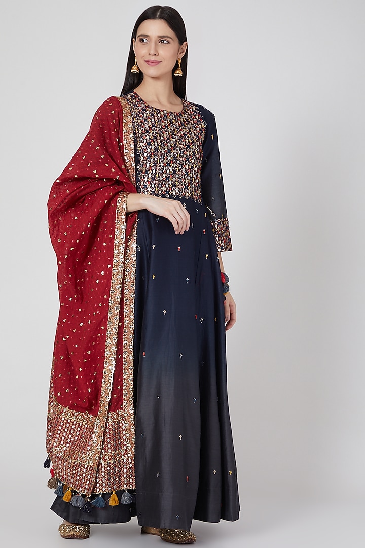 Midnight Blue & Grey Ombre Embroidered Wedding Anarkali With Dupatta by Loka By Veerali Raveshia at Pernia's Pop Up Shop