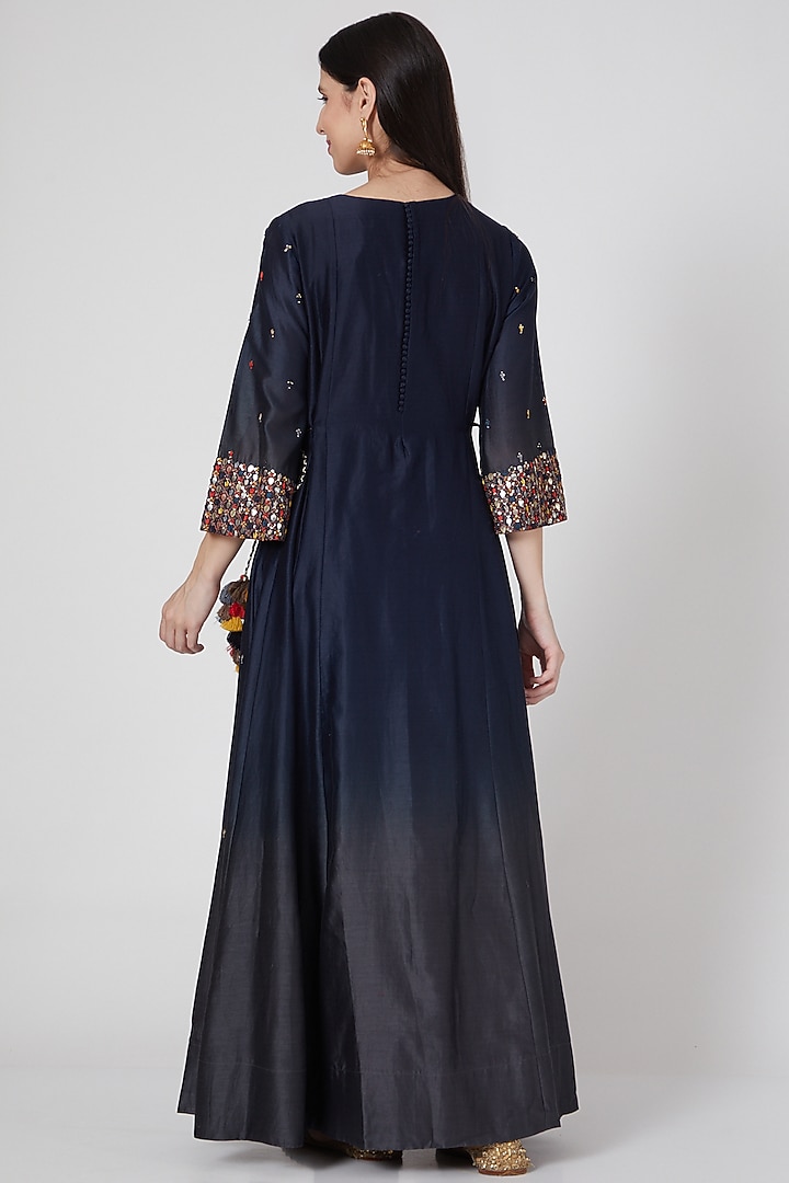 Midnight Blue & Grey Ombre Embroidered Wedding Anarkali With Dupatta by Loka By Veerali Raveshia at Pernia's Pop Up Shop