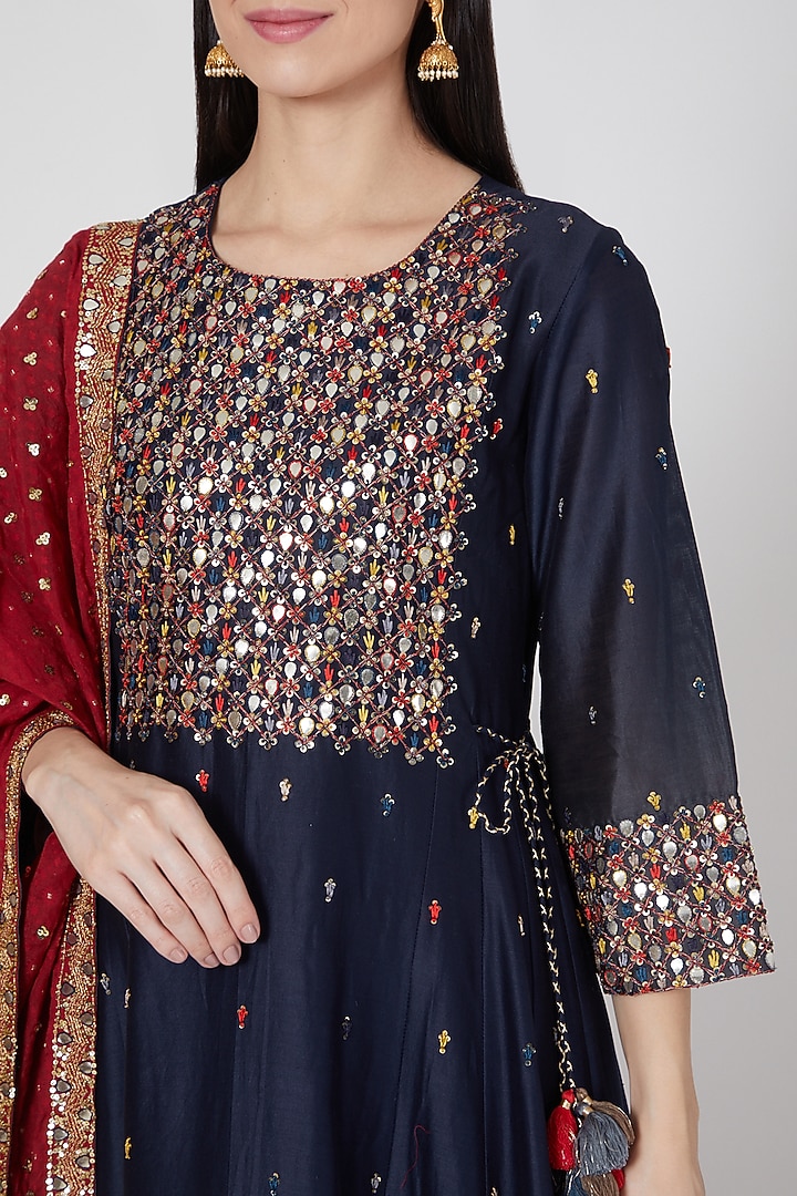 Midnight Blue & Grey Ombre Embroidered Wedding Anarkali With Dupatta by Loka By Veerali Raveshia at Pernia's Pop Up Shop