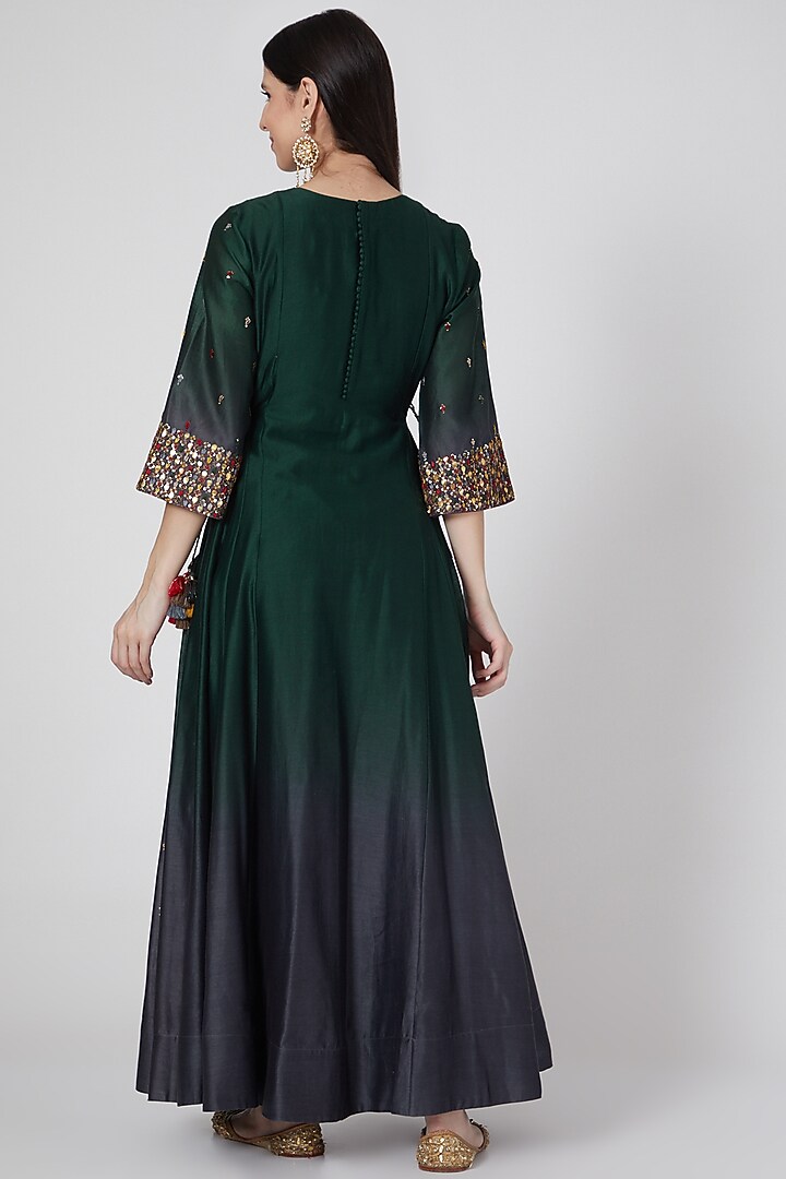Emerald Green & Grey Ombre Wedding Anarkali Set by Loka By Veerali Raveshia at Pernia's Pop Up Shop