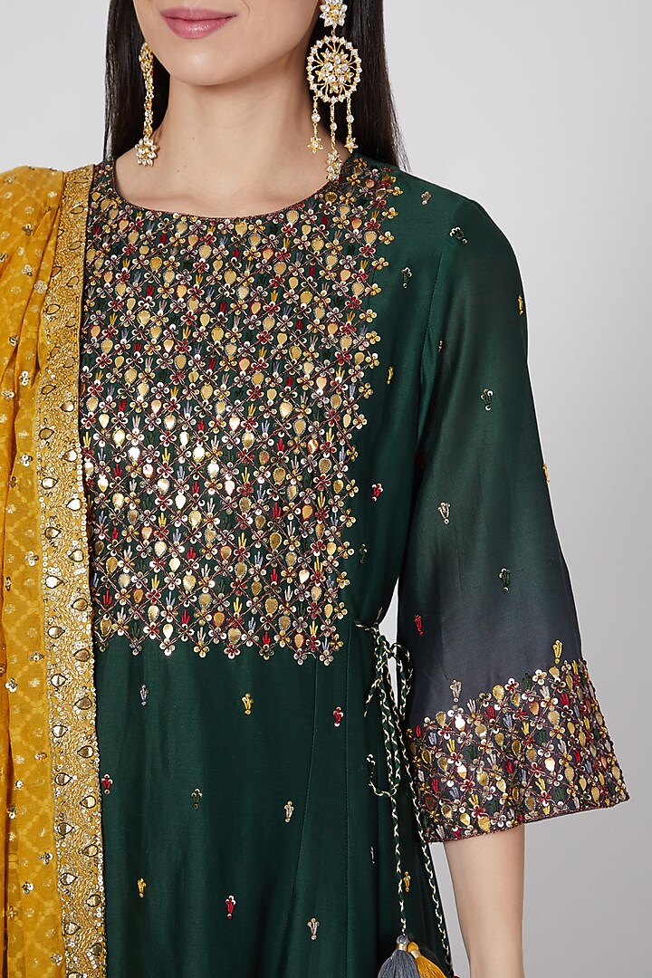Emerald Green & Grey Ombre Wedding Anarkali Set by Loka By Veerali Raveshia at Pernia's Pop Up Shop