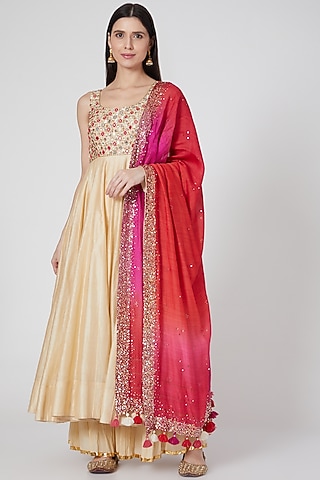 Ivory Chanderi Silk Anarkali Set by Loka By Veerali Raveshia