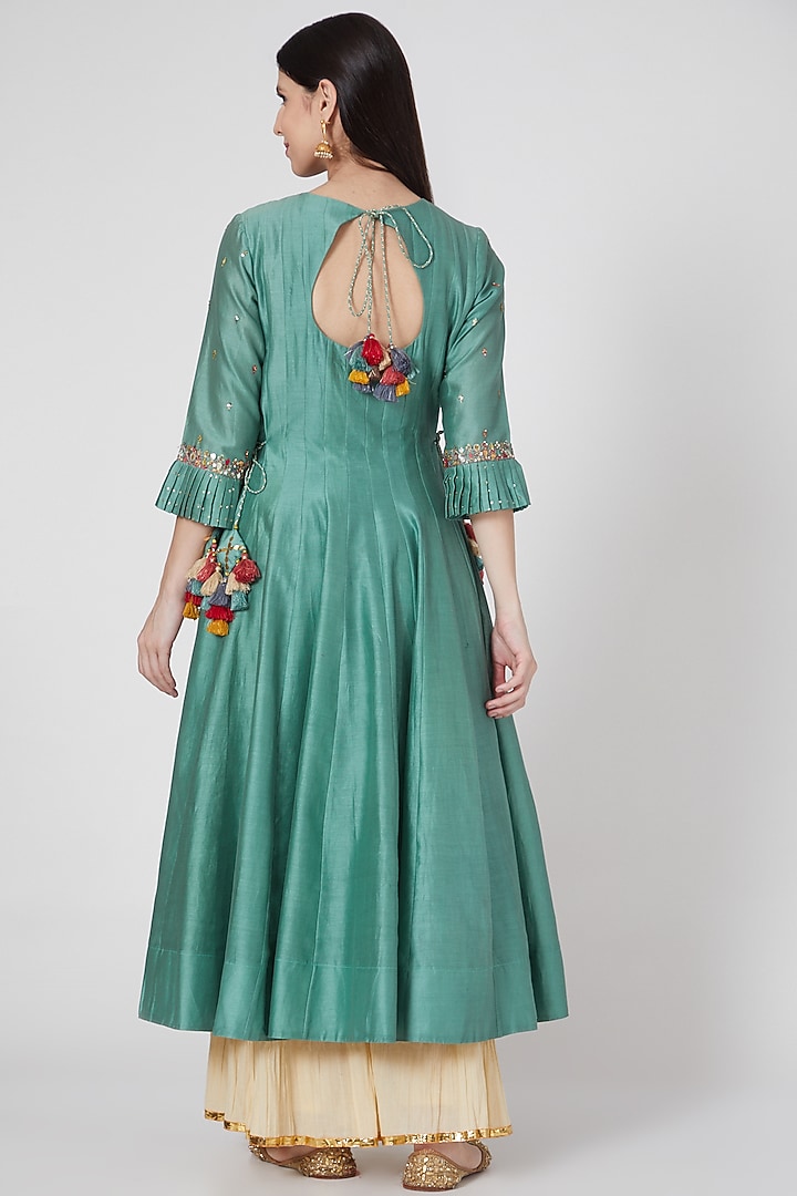 Turquoise Embroidered Kalidar Kurta Set by Loka By Veerali Raveshia at Pernia's Pop Up Shop