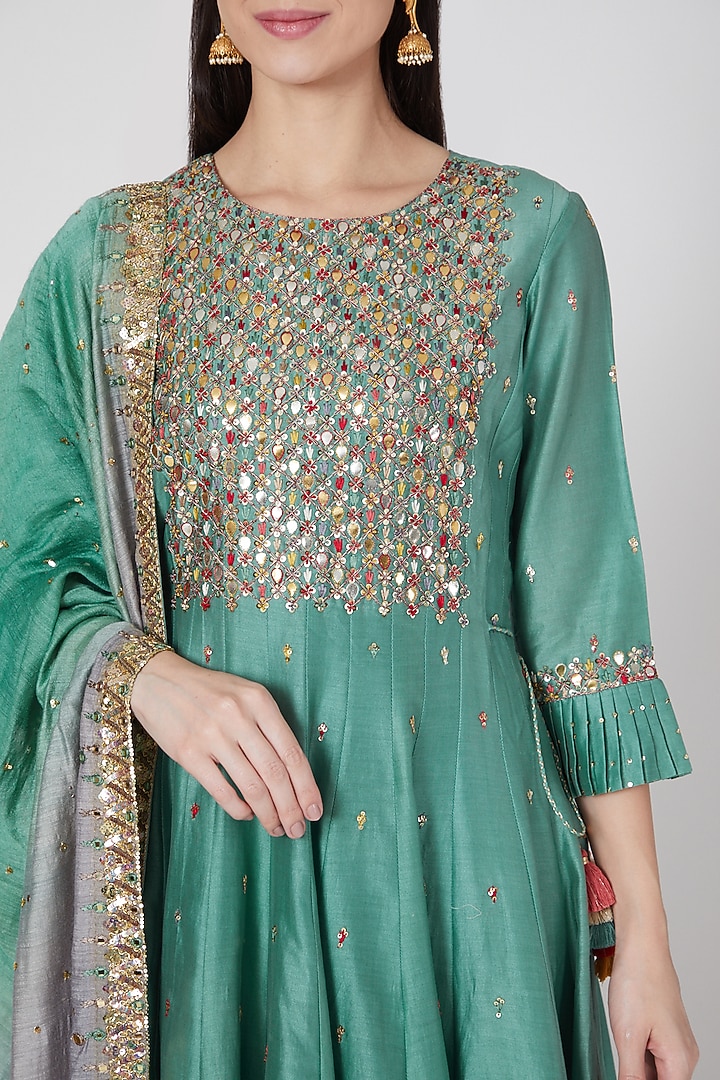 Turquoise Embroidered Kalidar Kurta Set by Loka By Veerali Raveshia at Pernia's Pop Up Shop