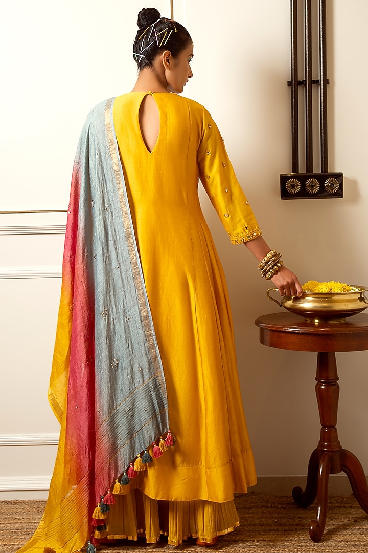 Mango Yellow Cotton Mulmul Crushed Wedding Sharara Set by LOKA By Veerali Raveshia at Pernia's Pop Up Shop