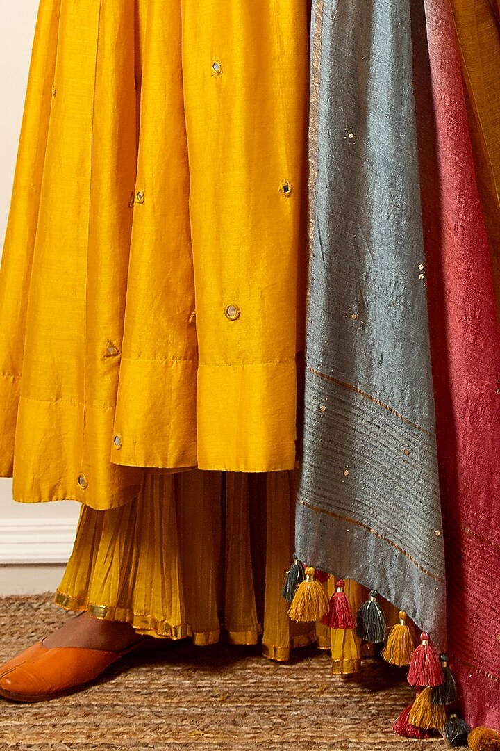 Mango Yellow Cotton Mulmul Crushed Wedding Sharara Set by LOKA By Veerali Raveshia at Pernia's Pop Up Shop