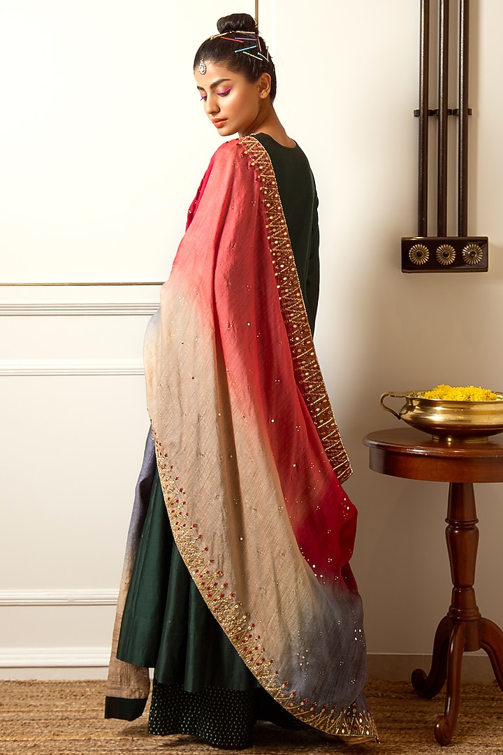 Bottle Green Hand Embroidered Kalidar Kurta Set by LOKA By Veerali Raveshia at Pernia's Pop Up Shop