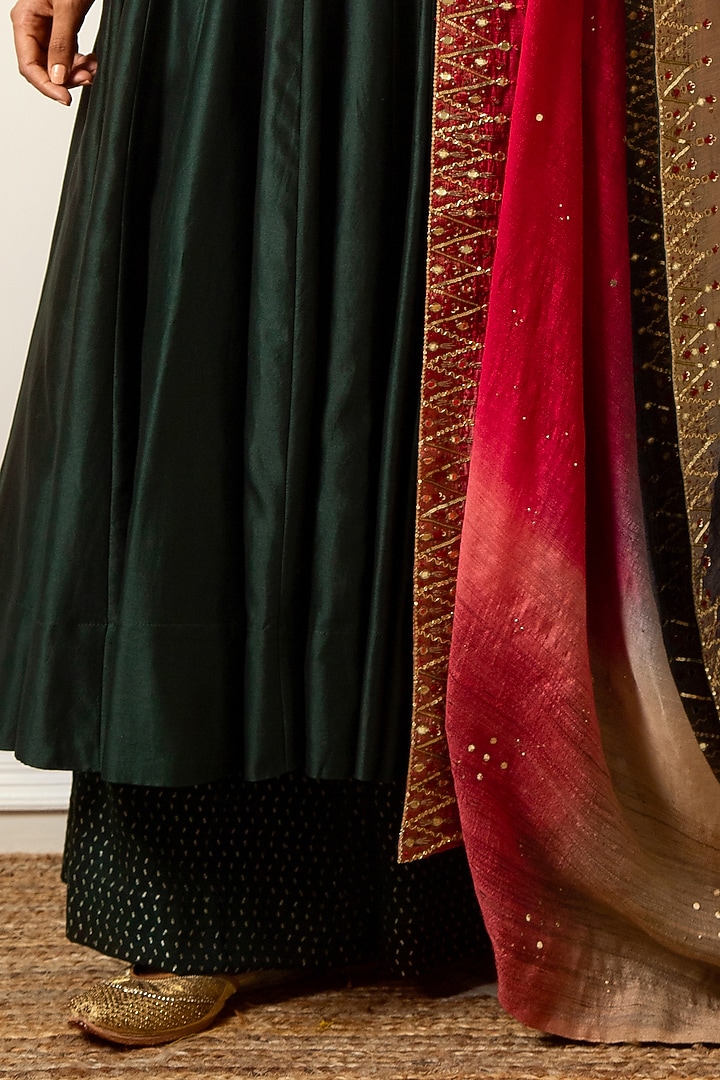 Bottle Green Hand Embroidered Kalidar Kurta Set by LOKA By Veerali Raveshia at Pernia's Pop Up Shop