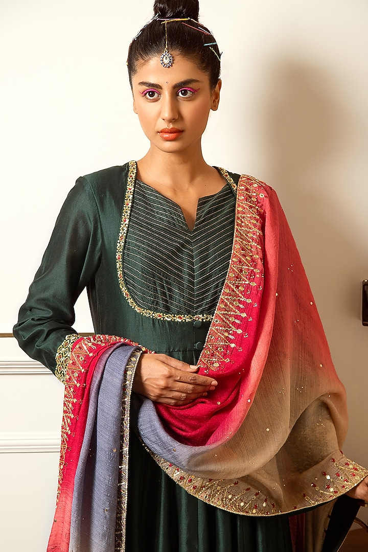 Bottle Green Hand Embroidered Kalidar Kurta Set by LOKA By Veerali Raveshia at Pernia's Pop Up Shop