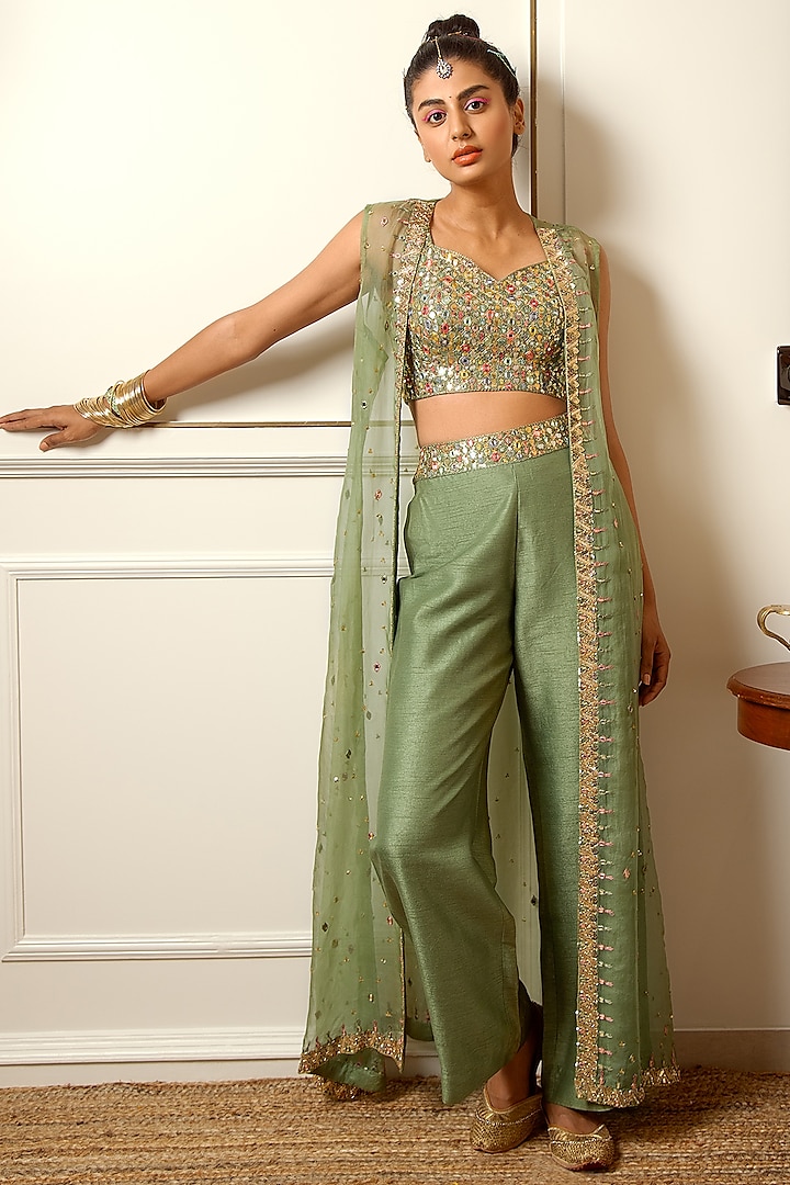 Pista Green Embroidered Pant Set by LOKA By Veerali Raveshia