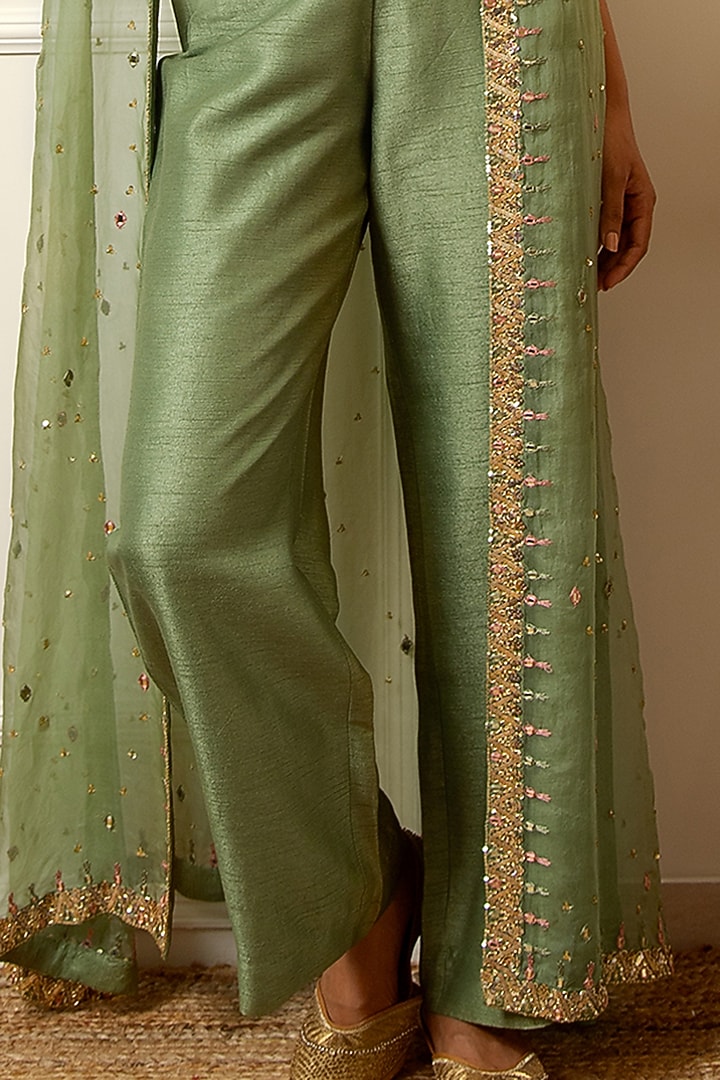 Pista Green Embroidered Pant Set by LOKA By Veerali Raveshia at Pernia's Pop Up Shop
