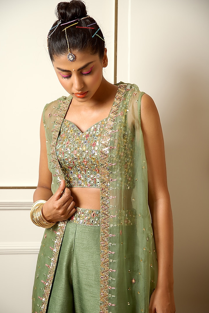 Pista Green Embroidered Pant Set by LOKA By Veerali Raveshia at Pernia's Pop Up Shop