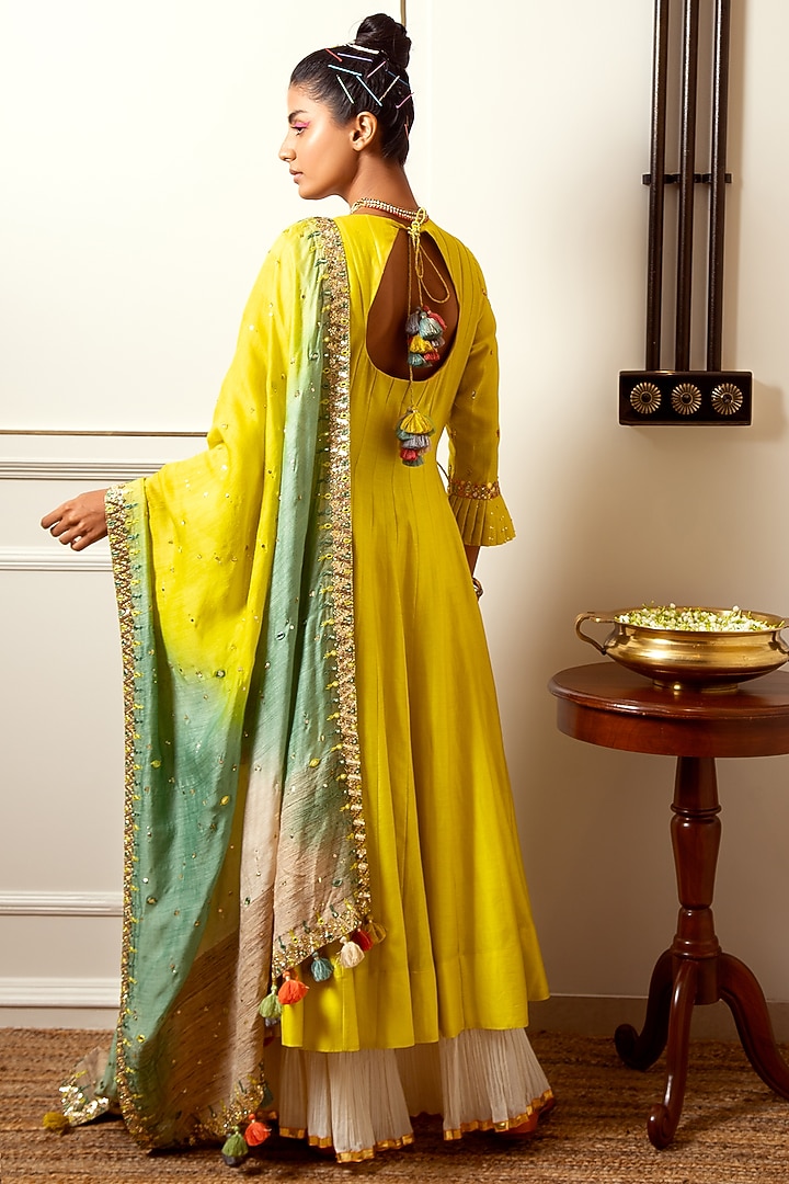 Lemon Yellow Hand Embroidered Kalidar Kurta Set by LOKA By Veerali Raveshia at Pernia's Pop Up Shop