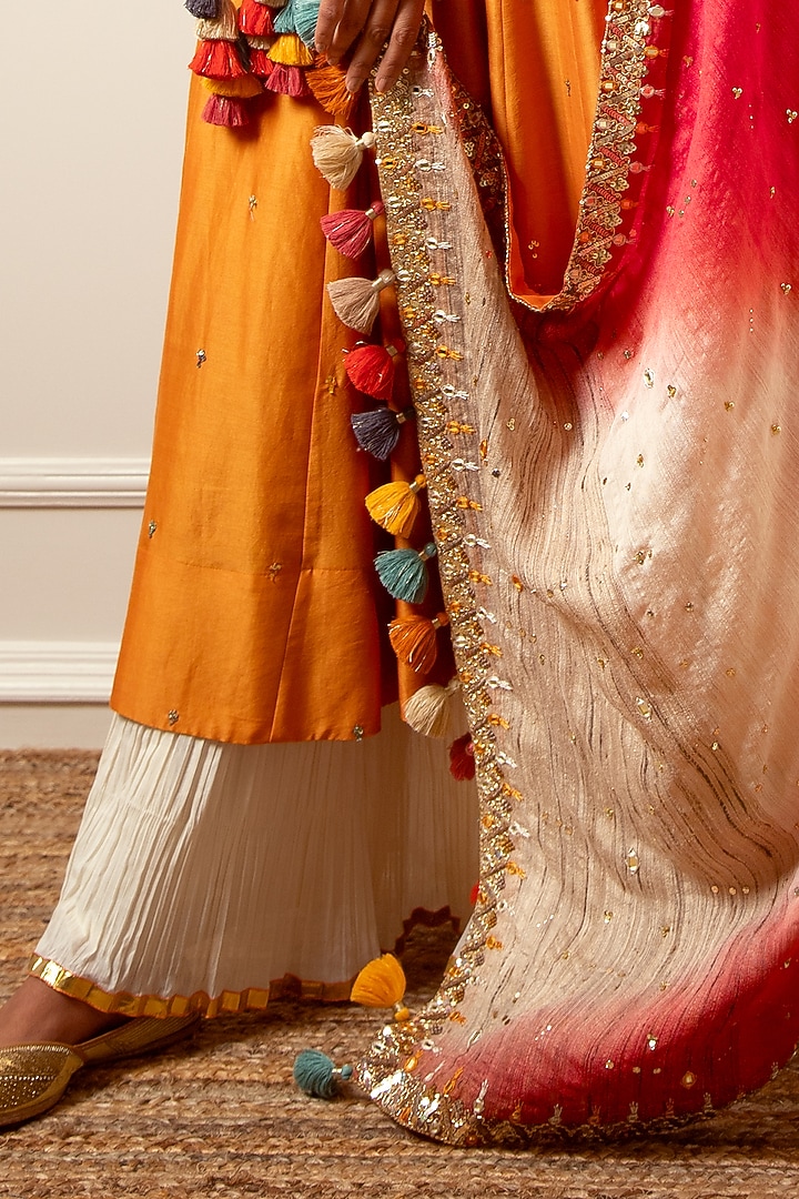 Summer Orange Hand Embroidered Kalidar Kurta Set by LOKA By Veerali Raveshia at Pernia's Pop Up Shop