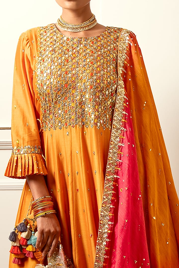 Summer Orange Hand Embroidered Kalidar Kurta Set by LOKA By Veerali Raveshia at Pernia's Pop Up Shop