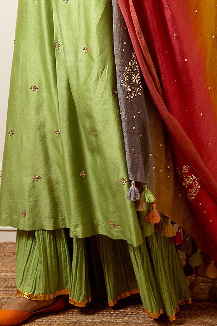 Pista Green Embroidered A-Line Kurta Set by LOKA By Veerali Raveshia at Pernia's Pop Up Shop
