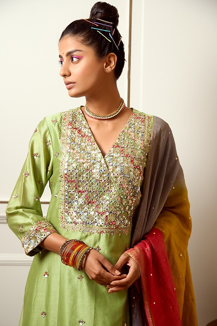 Pista Green Embroidered A-Line Kurta Set by LOKA By Veerali Raveshia at Pernia's Pop Up Shop