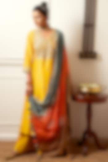 Mango Yellow Embroidered A-Line Kurta Set by LOKA By Veerali Raveshia at Pernia's Pop Up Shop