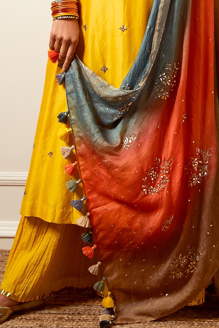 Mango Yellow Embroidered A-Line Kurta Set by LOKA By Veerali Raveshia at Pernia's Pop Up Shop