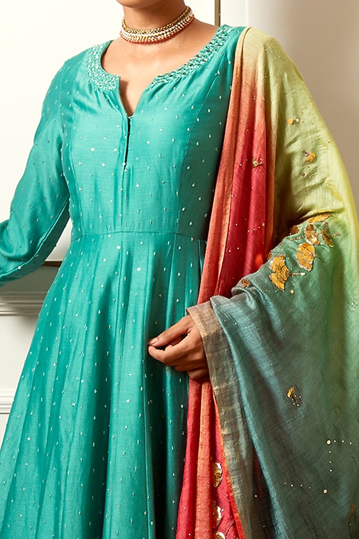Teal Green Embroidered Kalidar Kurta Set by LOKA By Veerali Raveshia at Pernia's Pop Up Shop
