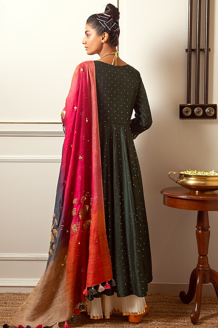 Bottle Green Embroidered Kalidar Kurta Set by LOKA By Veerali Raveshia at Pernia's Pop Up Shop
