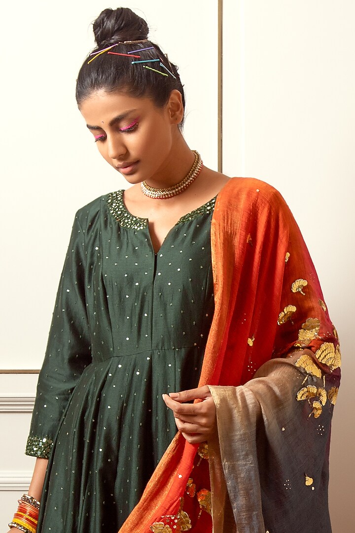 Bottle Green Embroidered Kalidar Kurta Set by LOKA By Veerali Raveshia at Pernia's Pop Up Shop