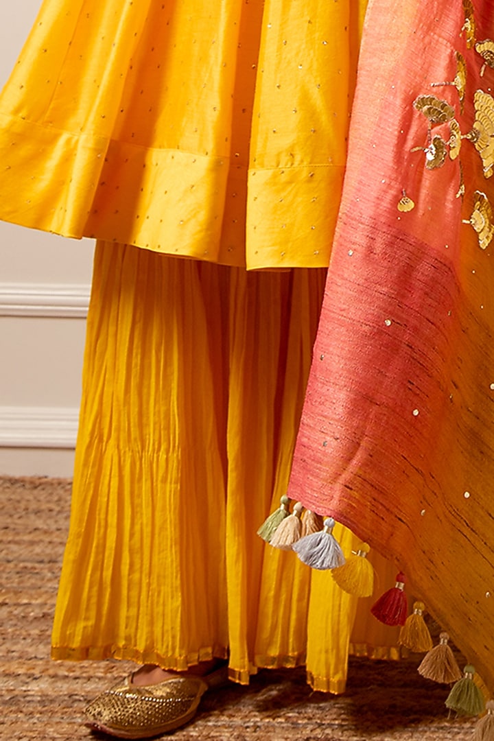 Mango Yellow Cotton Mulmul Wedding Sharara Set by LOKA By Veerali Raveshia at Pernia's Pop Up Shop