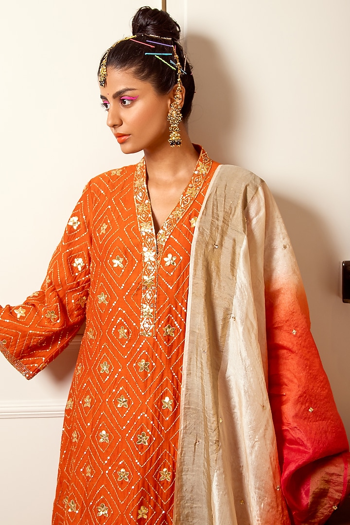 Bright Orange Embroidered Kurta Set by LOKA By Veerali Raveshia at Pernia's Pop Up Shop