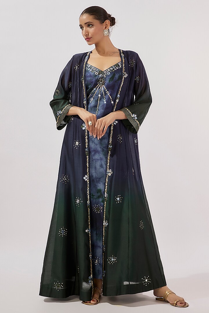 Blue & Green Chanderi Silk Mirror Hand Embroidered Ombre Flared Cape With Kurta by Loka By Veerali Raveshia