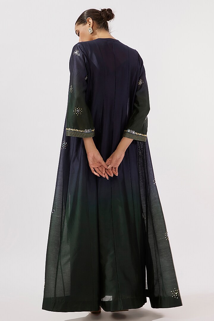 Blue & Green Chanderi Silk Mirror Hand Embroidered Ombre Flared Cape With Kurta by Loka By Veerali Raveshia at Pernia's Pop Up Shop