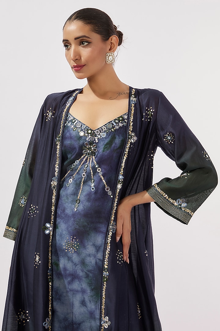Blue & Green Chanderi Silk Mirror Hand Embroidered Ombre Flared Cape With Kurta by Loka By Veerali Raveshia at Pernia's Pop Up Shop