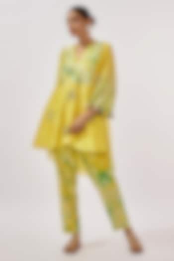 Lime & Teal Chanderi Silk Mirror & Resham Embroidered Hand-Dyed Co-Ord Set by Loka By Veerali Raveshia