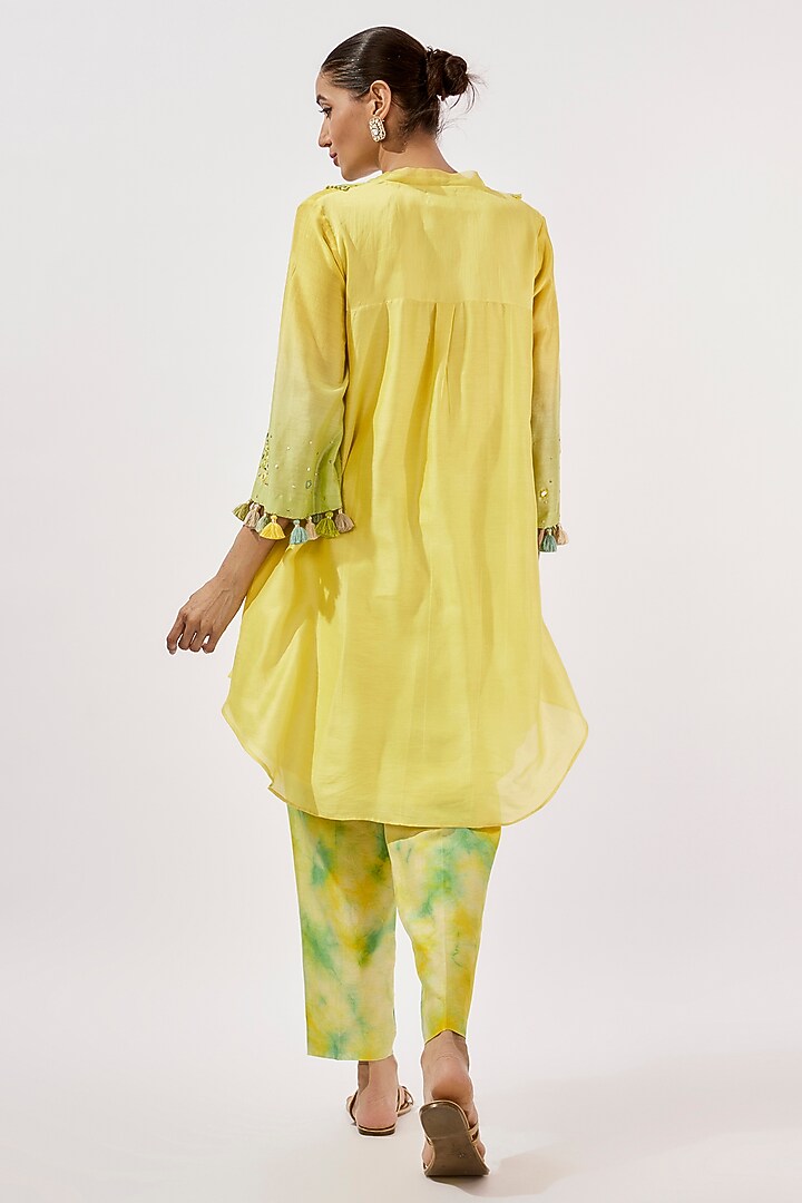 Lime & Teal Chanderi Silk Mirror & Resham Embroidered Hand-Dyed Co-Ord Set by Loka By Veerali Raveshia at Pernia's Pop Up Shop