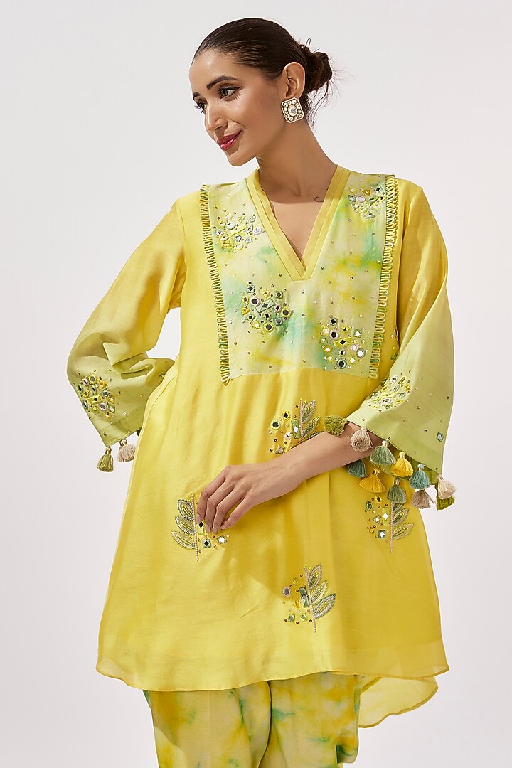 Lime & Teal Chanderi Silk Mirror & Resham Embroidered Hand-Dyed Co-Ord Set by Loka By Veerali Raveshia at Pernia's Pop Up Shop