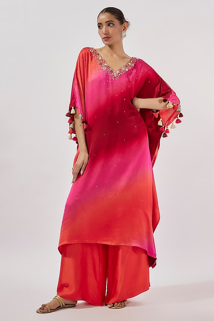 Pink & Fuchsia Gajji Silk Mirror & Sequin Hand Embroidered Ombre Kaftan Set by Loka By Veerali Raveshia