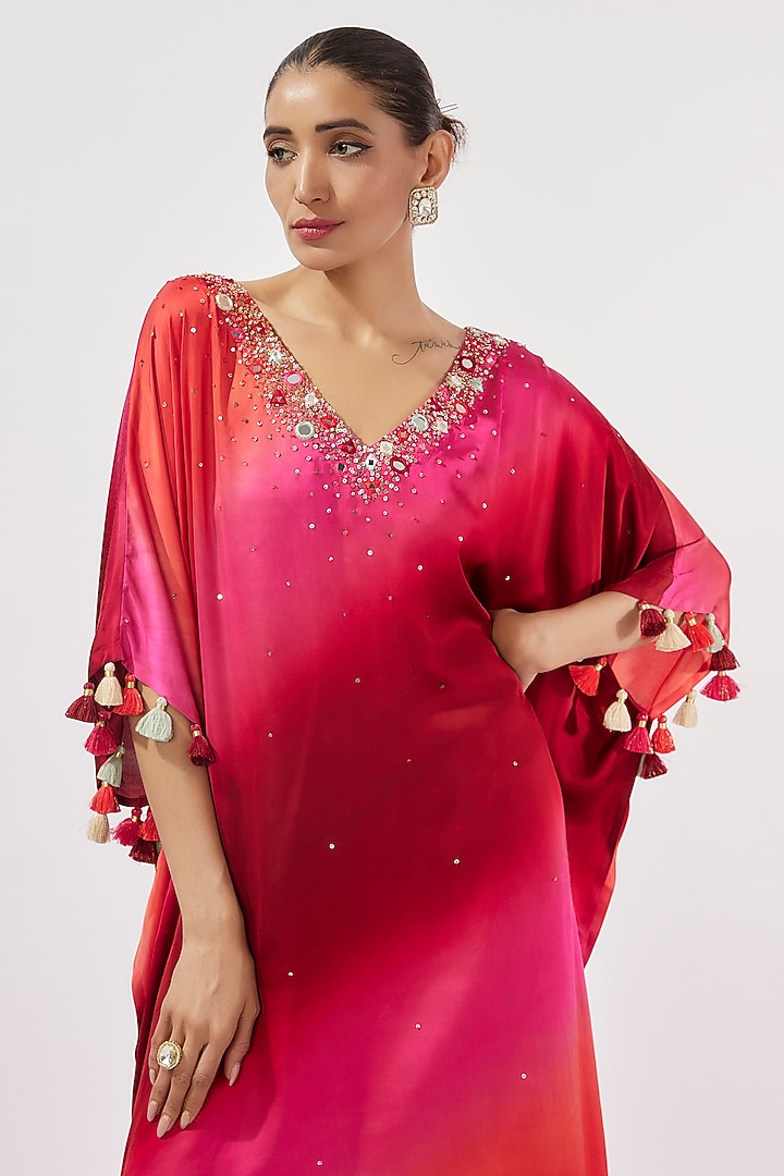 Pink & Fuchsia Gajji Silk Mirror & Sequin Hand Embroidered Ombre Kaftan Set by Loka By Veerali Raveshia at Pernia's Pop Up Shop