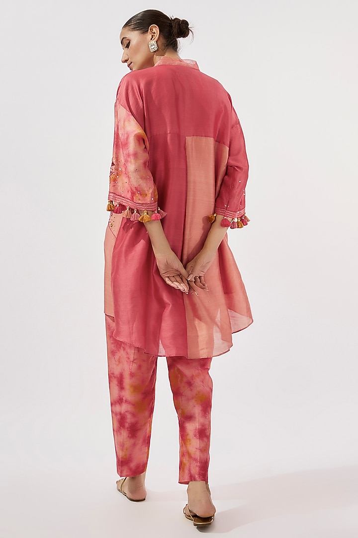 Coral Red & Pink Chanderi Silk Thread & Mirror Work Hand-Dyed Co-Ord Set by Loka By Veerali Raveshia at Pernia's Pop Up Shop