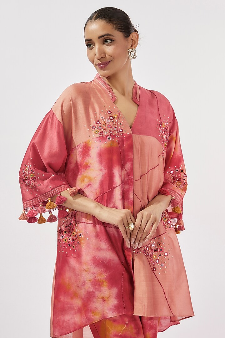 Coral Red & Pink Chanderi Silk Thread & Mirror Work Hand-Dyed Co-Ord Set by Loka By Veerali Raveshia at Pernia's Pop Up Shop