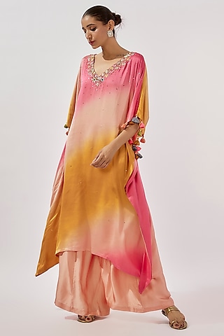 Bleach Peach & Orange Gajji Silk Mirror Hand Embroidered Ombre Kaftan Set by Loka By Veerali Raveshia