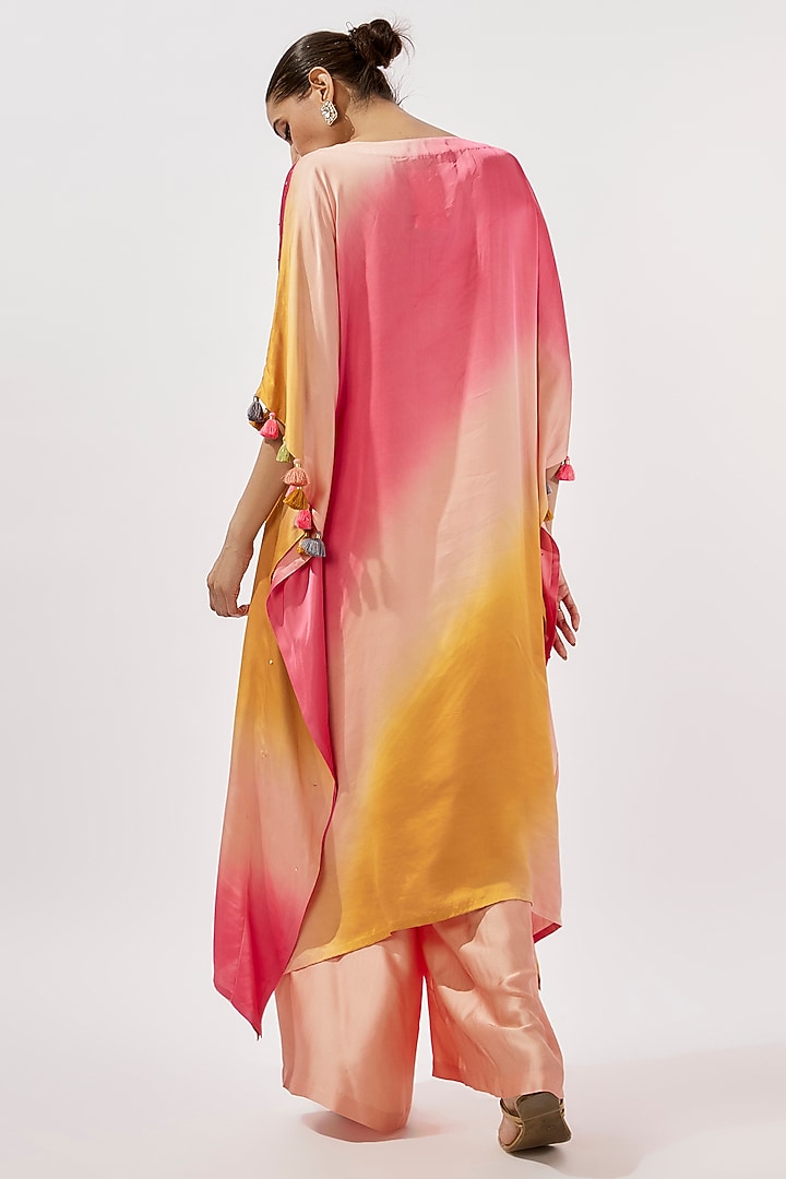 Bleach Peach & Orange Gajji Silk Mirror Hand Embroidered Ombre Kaftan Set by Loka By Veerali Raveshia at Pernia's Pop Up Shop