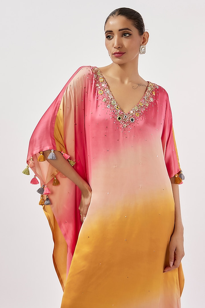 Bleach Peach & Orange Gajji Silk Mirror Hand Embroidered Ombre Kaftan Set by Loka By Veerali Raveshia at Pernia's Pop Up Shop