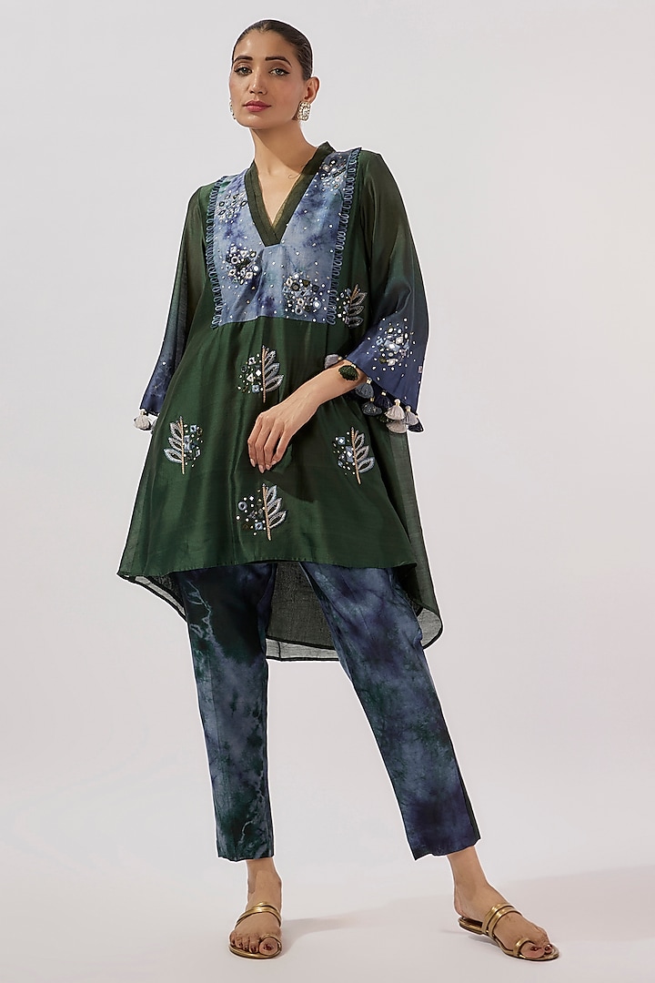 Bottle Green Chanderi Silk Thread & Mirror Hand Embroidered Co-Ord Set by Loka By Veerali Raveshia
