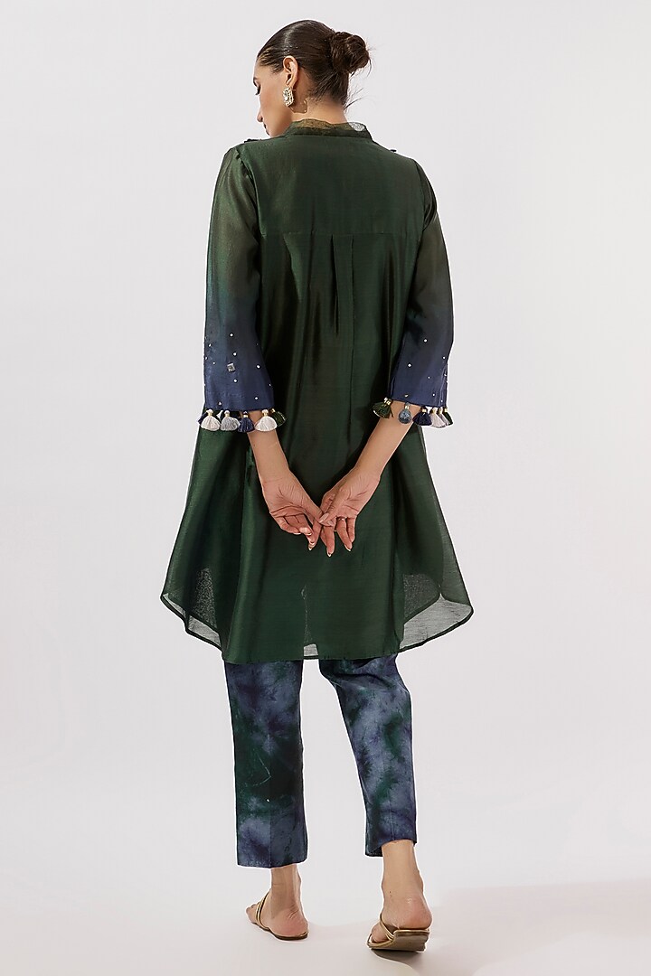 Bottle Green Chanderi Silk Thread & Mirror Hand Embroidered Co-Ord Set by Loka By Veerali Raveshia at Pernia's Pop Up Shop