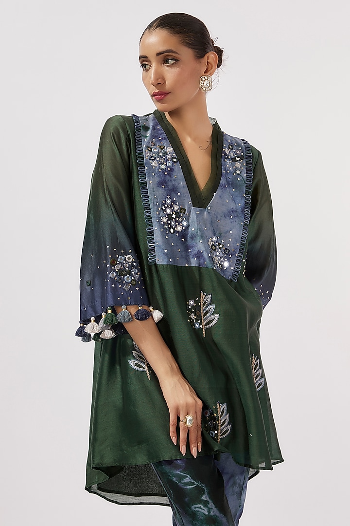 Bottle Green Chanderi Silk Thread & Mirror Hand Embroidered Co-Ord Set by Loka By Veerali Raveshia at Pernia's Pop Up Shop