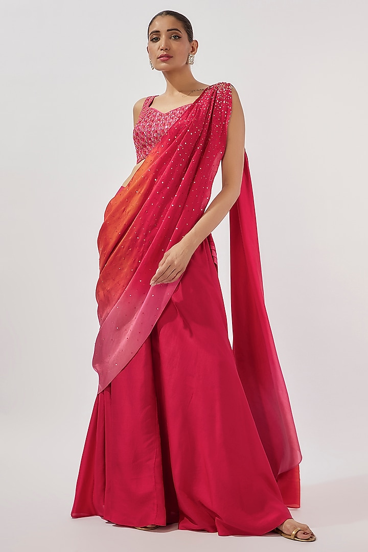 Red Silk Draped Ombre Pant Saree Set by Loka By Veerali Raveshia