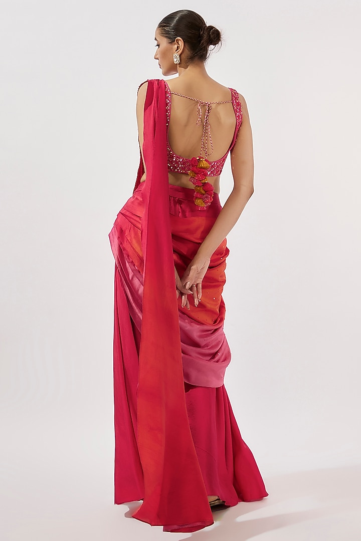 Red Silk Draped Ombre Pant Wedding Saree Set by Loka By Veerali Raveshia at Pernia's Pop Up Shop