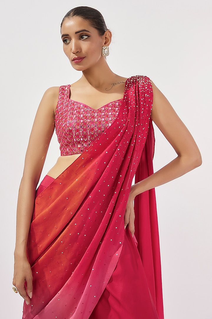 Red Silk Draped Ombre Pant Wedding Saree Set by Loka By Veerali Raveshia at Pernia's Pop Up Shop