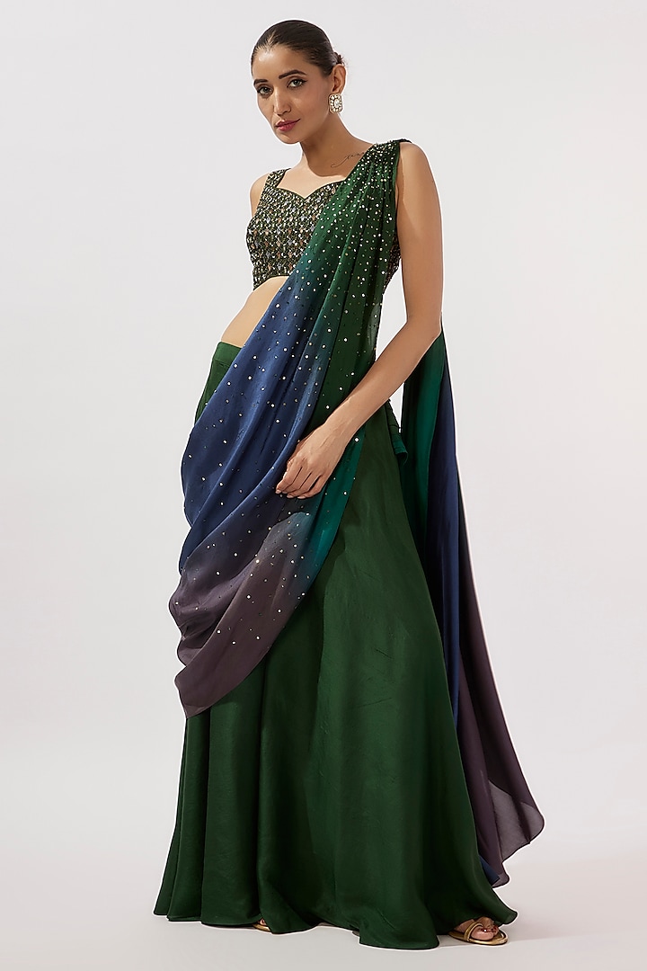 Bottle Green Silk Draped Ombre Pant Saree Set by Loka By Veerali Raveshia