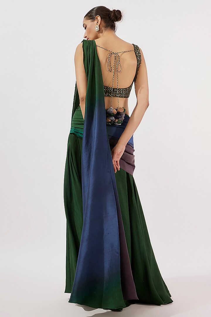 Bottle Green Silk Draped Ombre Pant Wedding Saree Set by Loka By Veerali Raveshia at Pernia's Pop Up Shop